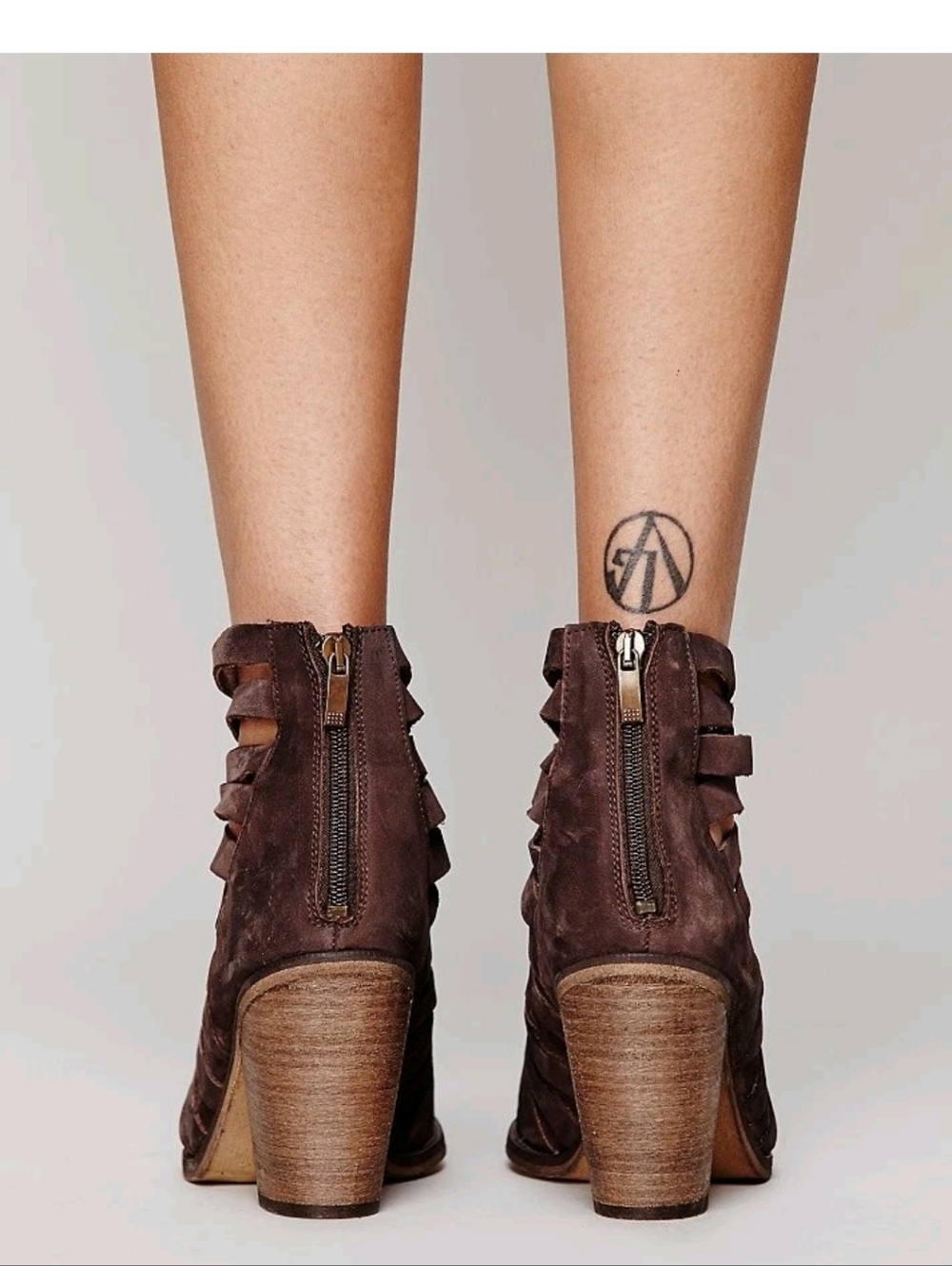 Free People Leather Strappy Booties Size 40 Dark Brown Learher With Stacked Heel - Picture 3 of 10